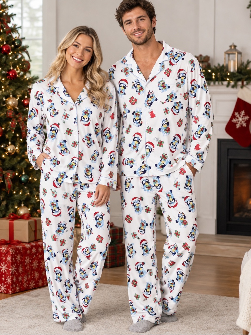 Bluey Unisex Men or Women Holiday Flannel Pajama Lounge Set White Blue Red XL